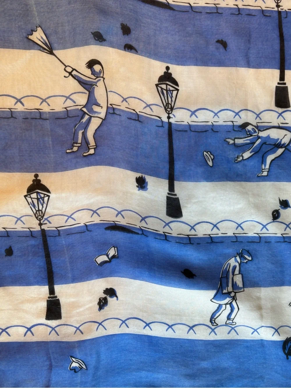 Vintage Silk Scarf Amazing Novelty Print People Fighting The Wind 32 X 33”